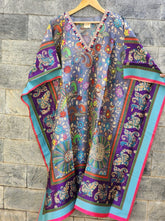 Grey and purple nature print silk blend kaftan